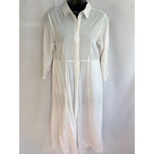 Deflina 100% Cotton White Long Shirt Button Down Size M Lagenlook Boho Artsy